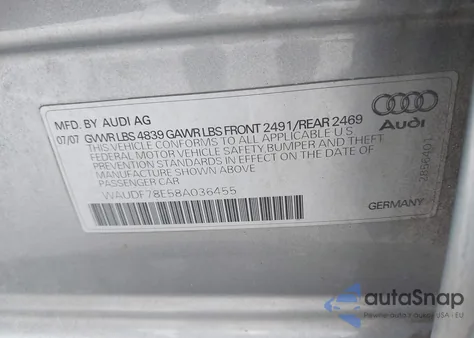 2008 Audi A4 2.0T Quattro from USA, damaged, VIN WAUDF78E58A036455